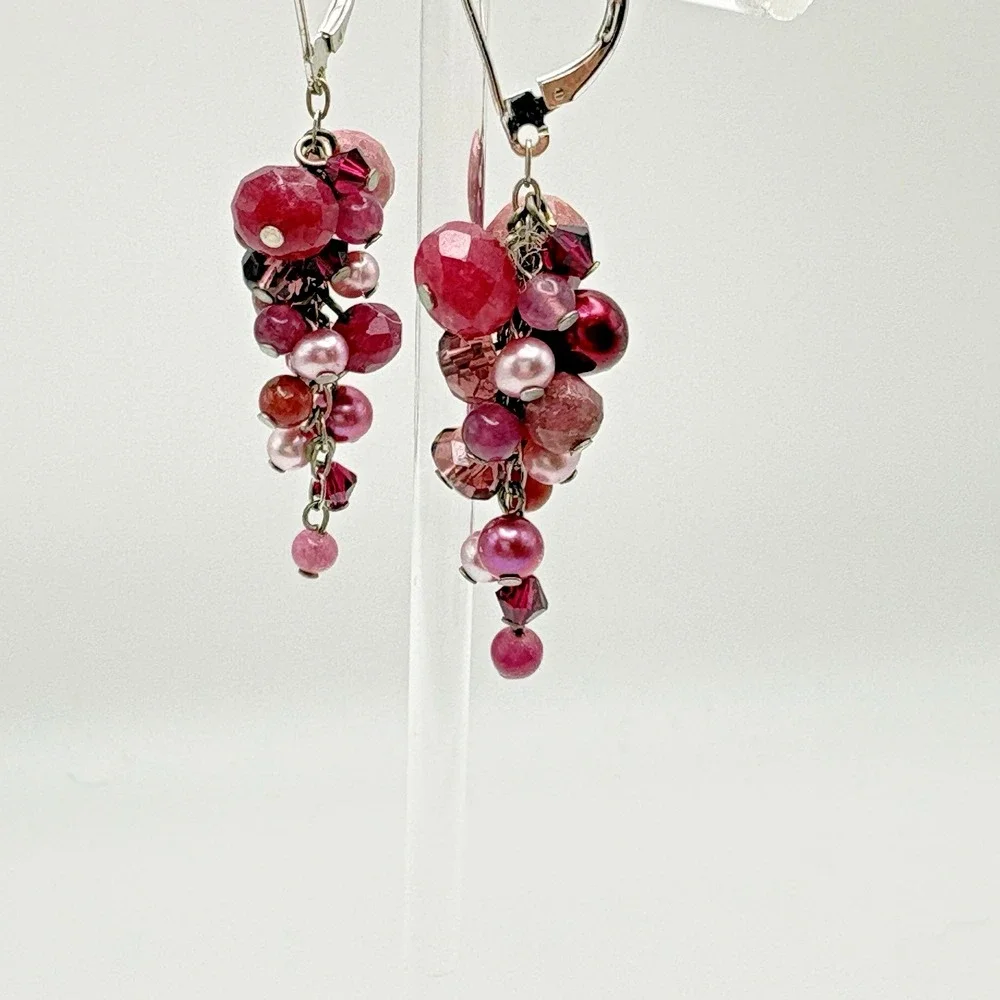 Sterling Silver Pierced Earrings Cha Cha Rhodonite Pearl Pink Dangle 925